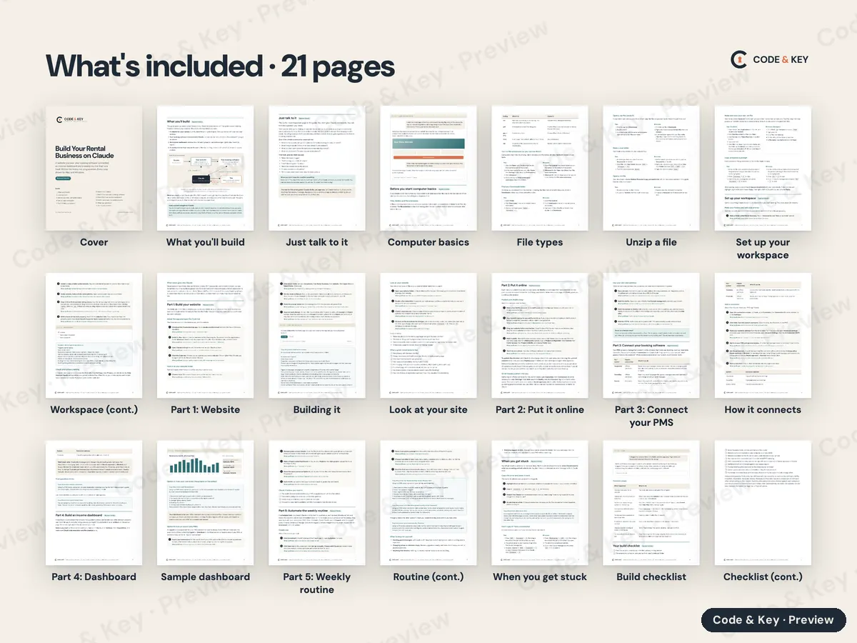 Every page of Build Your Rental Business on Claude, shown small and labeled