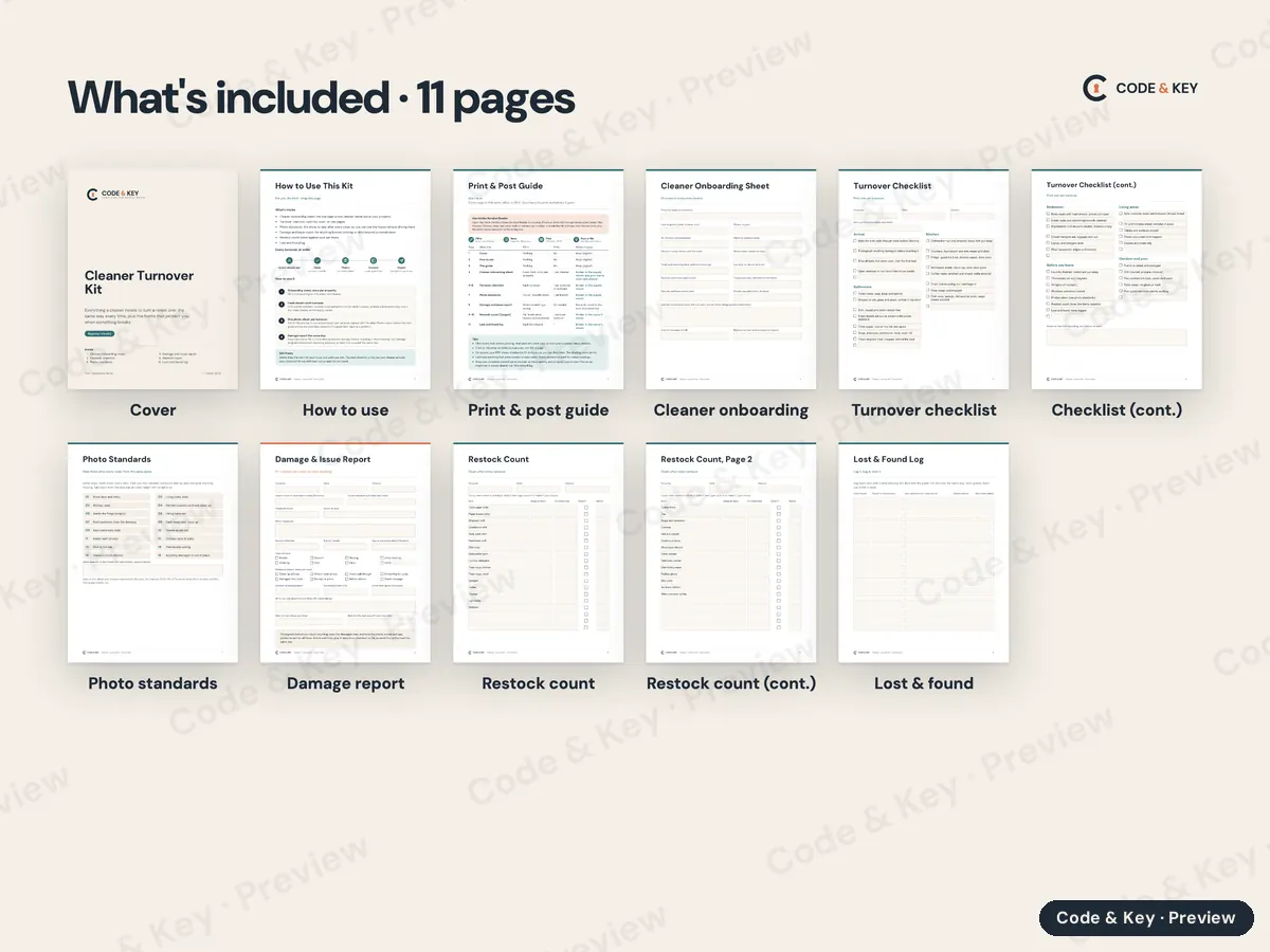 Every page of Cleaner Turnover Kit, shown small and labeled