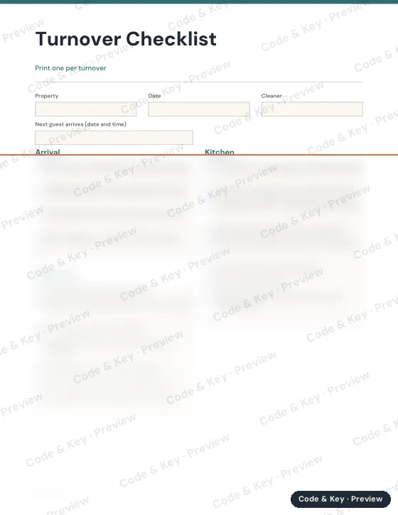 Preview of the turnover checklist page: the heading is readable and the rest is blurred