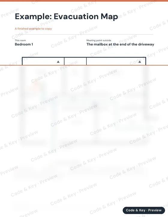 Preview of the example evacuation map page: the heading is readable and the rest is blurred