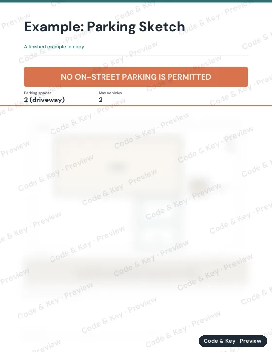 Preview of the example parking sketch page: the heading is readable and the rest is blurred