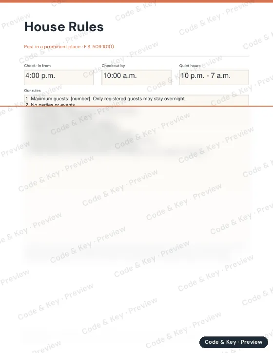 Preview of the house rules page: the heading is readable and the rest is blurred
