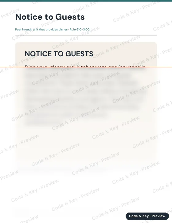 Preview of the dishware notice page: the heading is readable and the rest is blurred