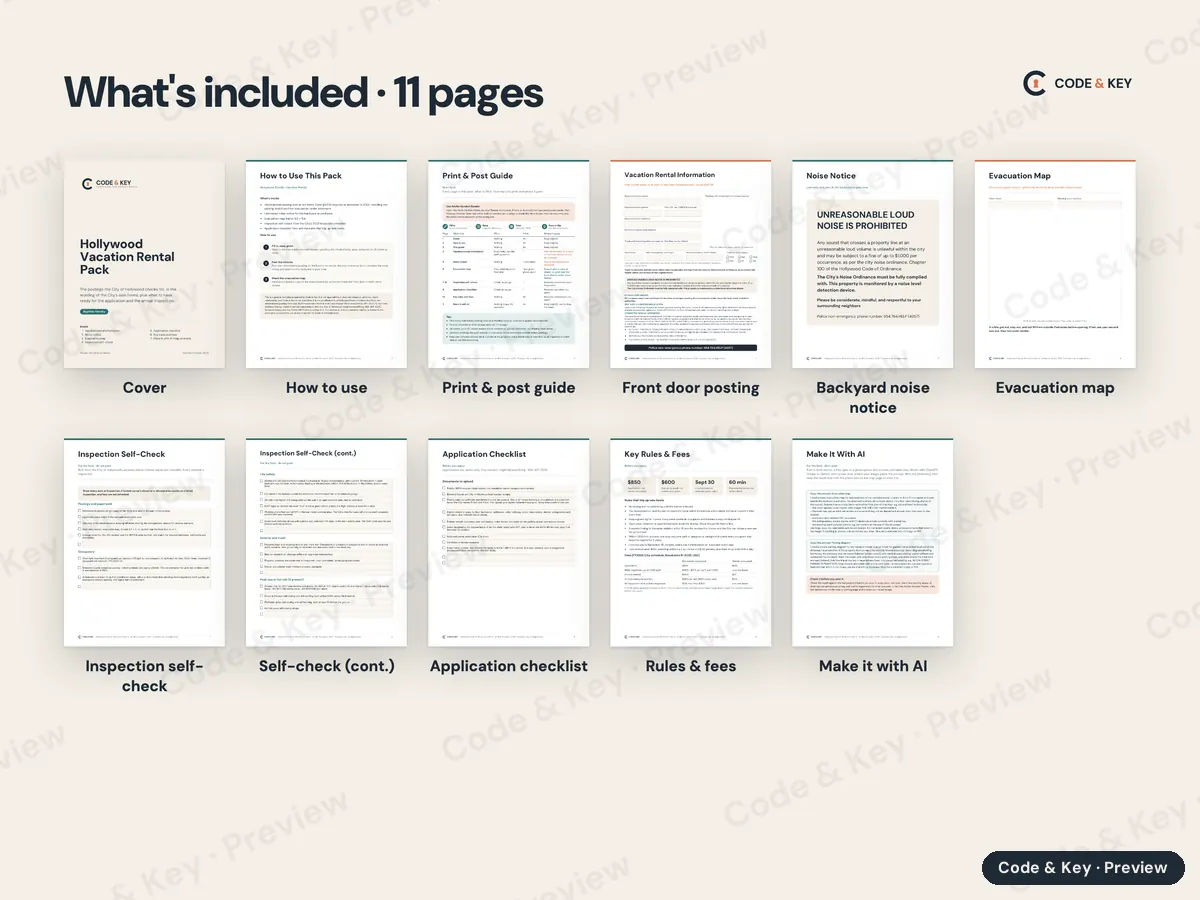 Every page of Hollywood Vacation Rental Pack, shown small and labeled