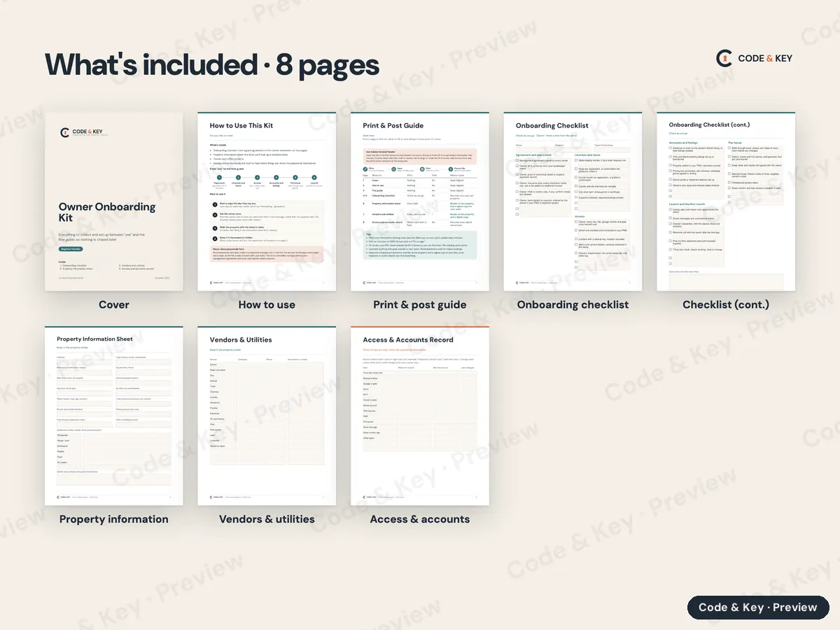 Every page of Owner Onboarding Kit, shown small and labeled