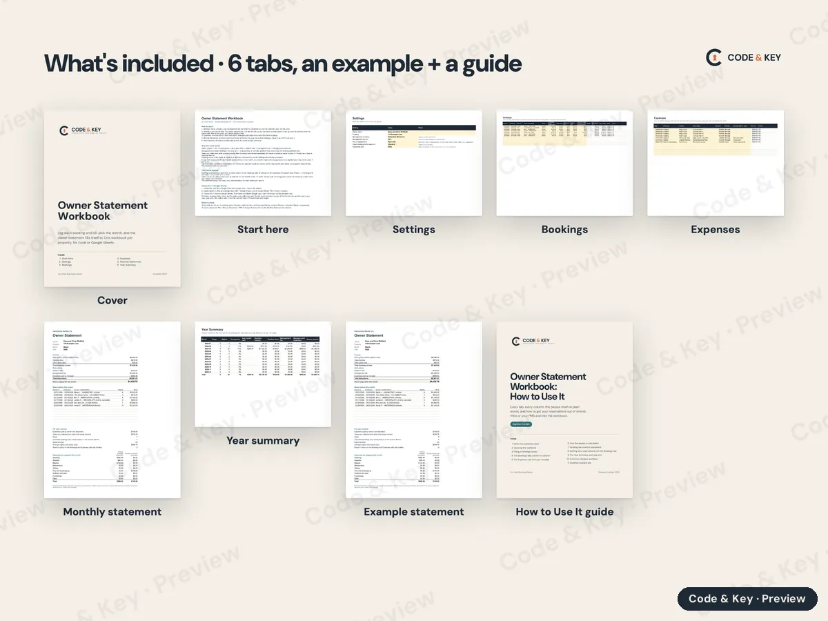Every page of Owner Statement Workbook, shown small and labeled