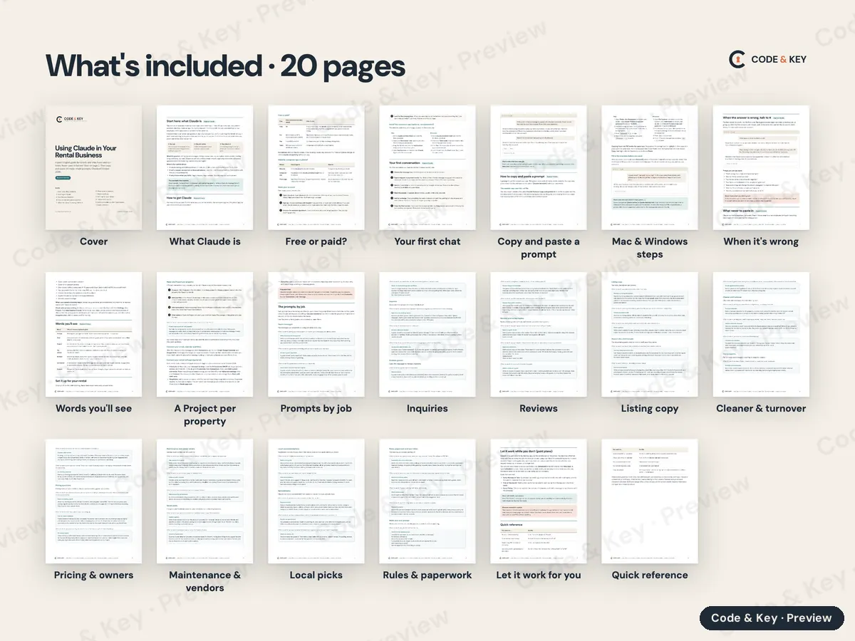 Every page of Using Claude in Your Rental Business, shown small and labeled